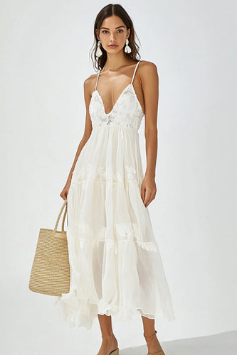 White V Neck Boho Maxi Dress with Ruffles