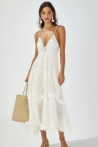White V Neck Boho Maxi Dress with Ruffles