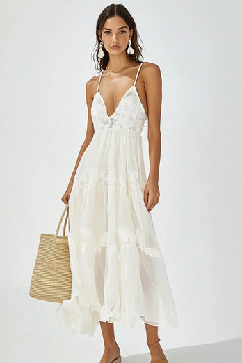 White V Neck Boho Maxi Dress with Ruffles