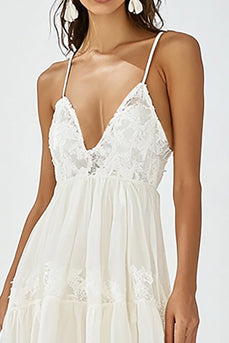 White V Neck Boho Maxi Dress with Ruffles