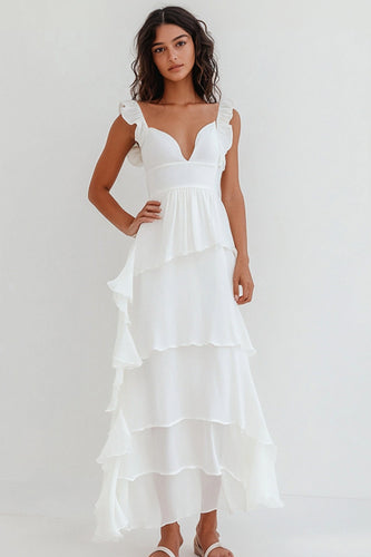 White Chiffon V Neck Long Engagement Dress with Ruffles