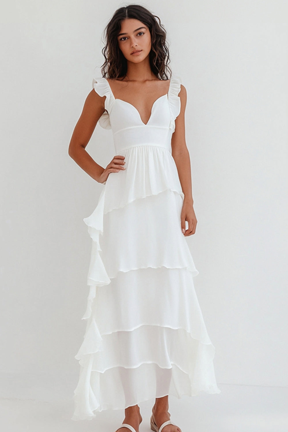 White Chiffon V Neck Long Engagement Dress with Ruffles