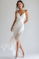 Load image into Gallery viewer, White Chiffon Asymmetrical V Neck Graduation Dress with Lace