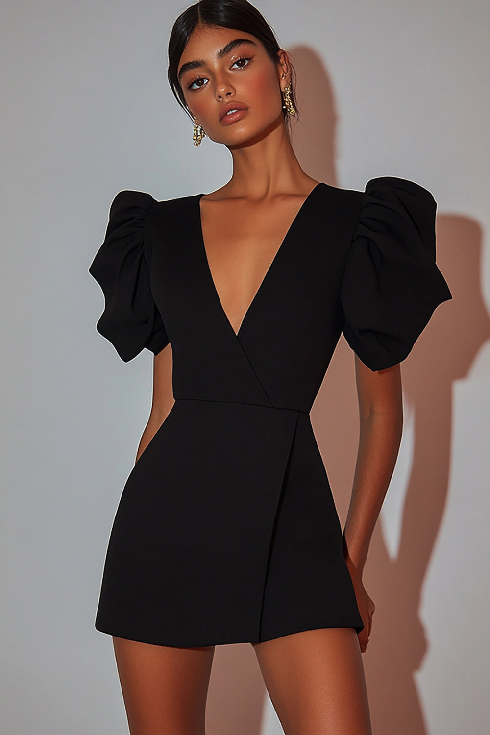 Black Satin V Neck Puff Sleeves Short Cocktail Dress