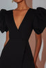 Load image into Gallery viewer, Black Satin V Neck Puff Sleeves Short Cocktail Dress