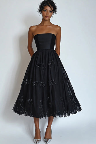 Black Floral Strapless Midi A Line Formal Dress with Lace