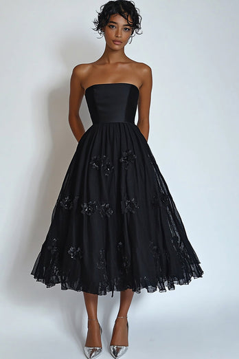 Black Floral Strapless Midi A Line Formal Dress with Lace