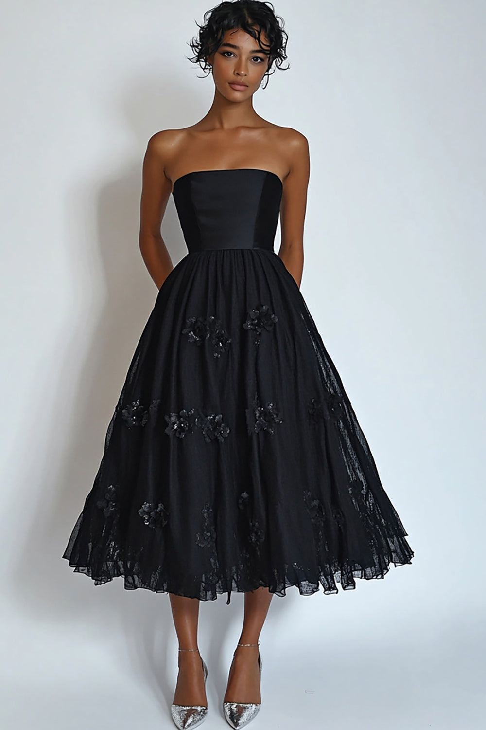 Black Floral Strapless Midi A Line Formal Dress with Lace