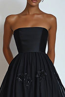 Load image into Gallery viewer, Black Floral Strapless Midi A Line Formal Dress with Lace