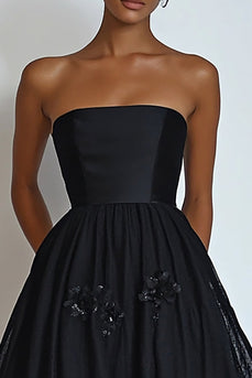 Black Floral Strapless Midi A Line Formal Dress with Lace