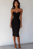 Load image into Gallery viewer, Women Black Satin Midi Cocktail Dress Sweetheart Bodycon Little Black Dress