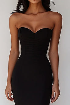 Black Satin Sweetheart Midi Bodycon Cocktail Dress