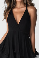 Load image into Gallery viewer, Black V-Neck Asymmetrical A Line Cocktail Dress with Ruffles