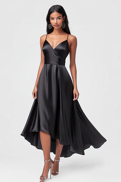 Black Satin Asymmetrical Spaghetti Straps A Line Formal Dress