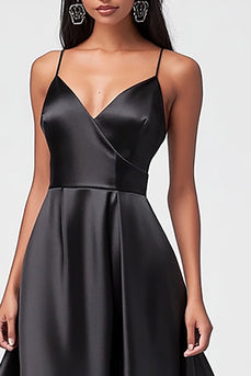 Black Satin Asymmetrical Spaghetti Straps A Line Formal Dress