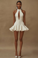 Load image into Gallery viewer, White Satin High Neck Short Graduation Dress with Ruffles