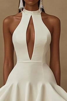 White Satin High Neck Short Graduation Dress with Ruffles