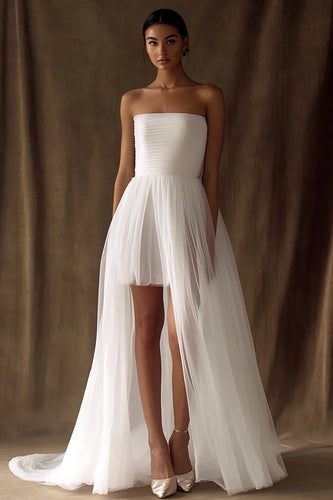 White Tulle Strapless High-Low Engagement Dress with Pleats