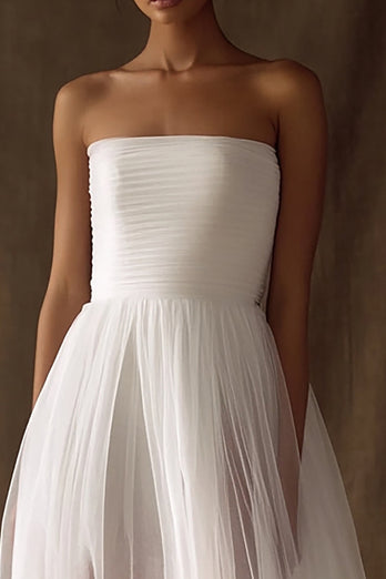 White Tulle Strapless High-Low Engagement Dress with Pleats