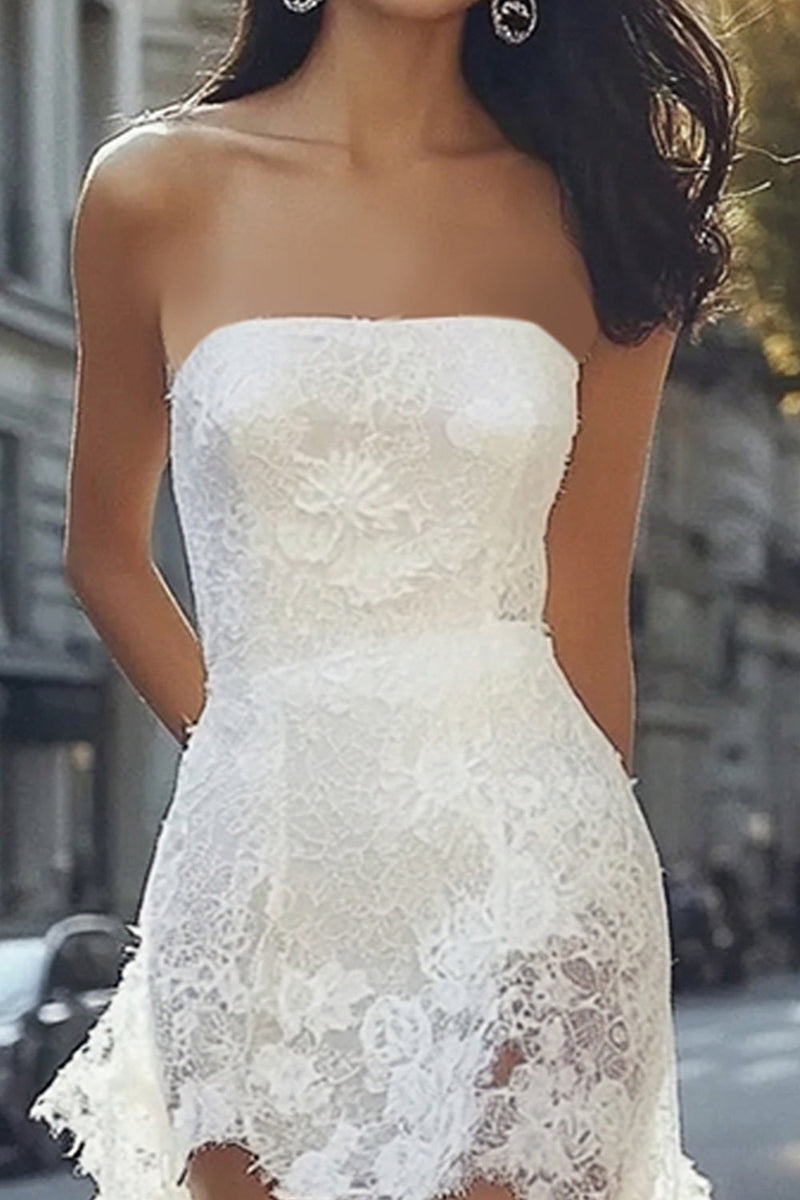 Load image into Gallery viewer, White Lace Strapless High-Low Boho Graduation Dress