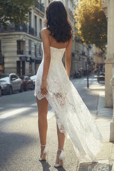 Women White Lace High-Low Boho Graduation Dress Strapless Bodycon Little White Dress