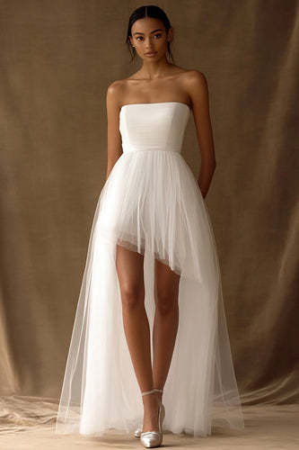White Tulle Strapless High-Low A Line Graduation Dress