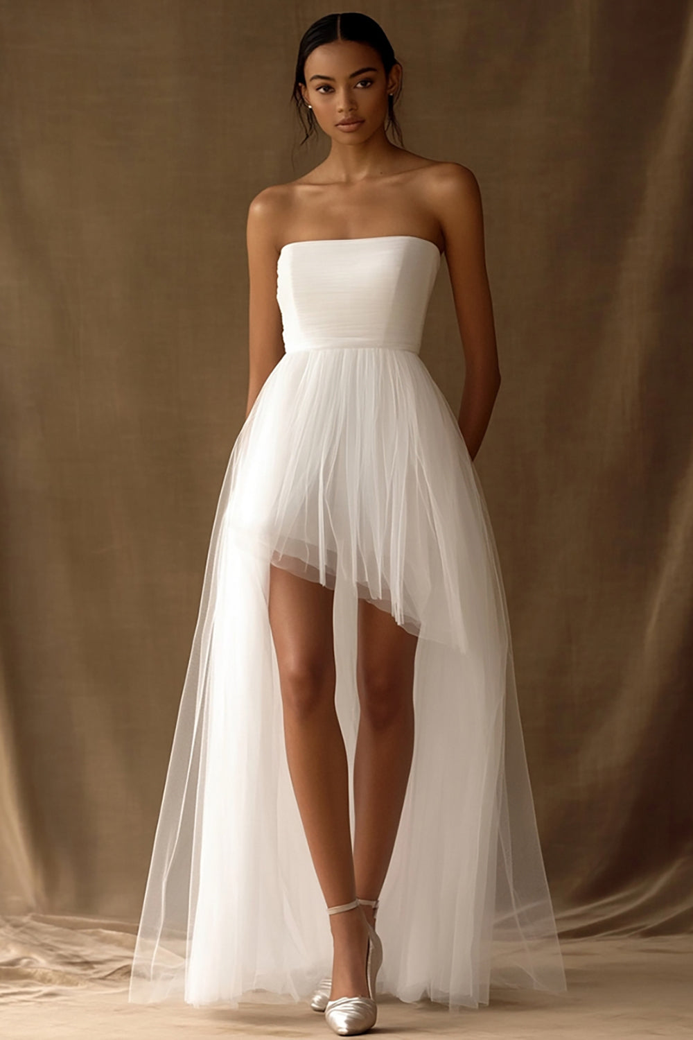 White Tulle Strapless High-Low A Line Graduation Dress