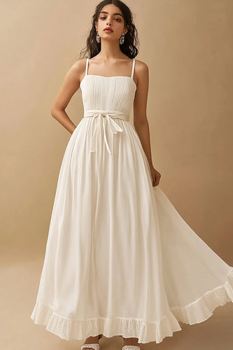 White Satin Long A Line Engagement Dress with Ruffles