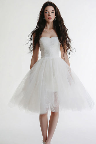 White Tulle Strapless Midi A Line Graduation Dress