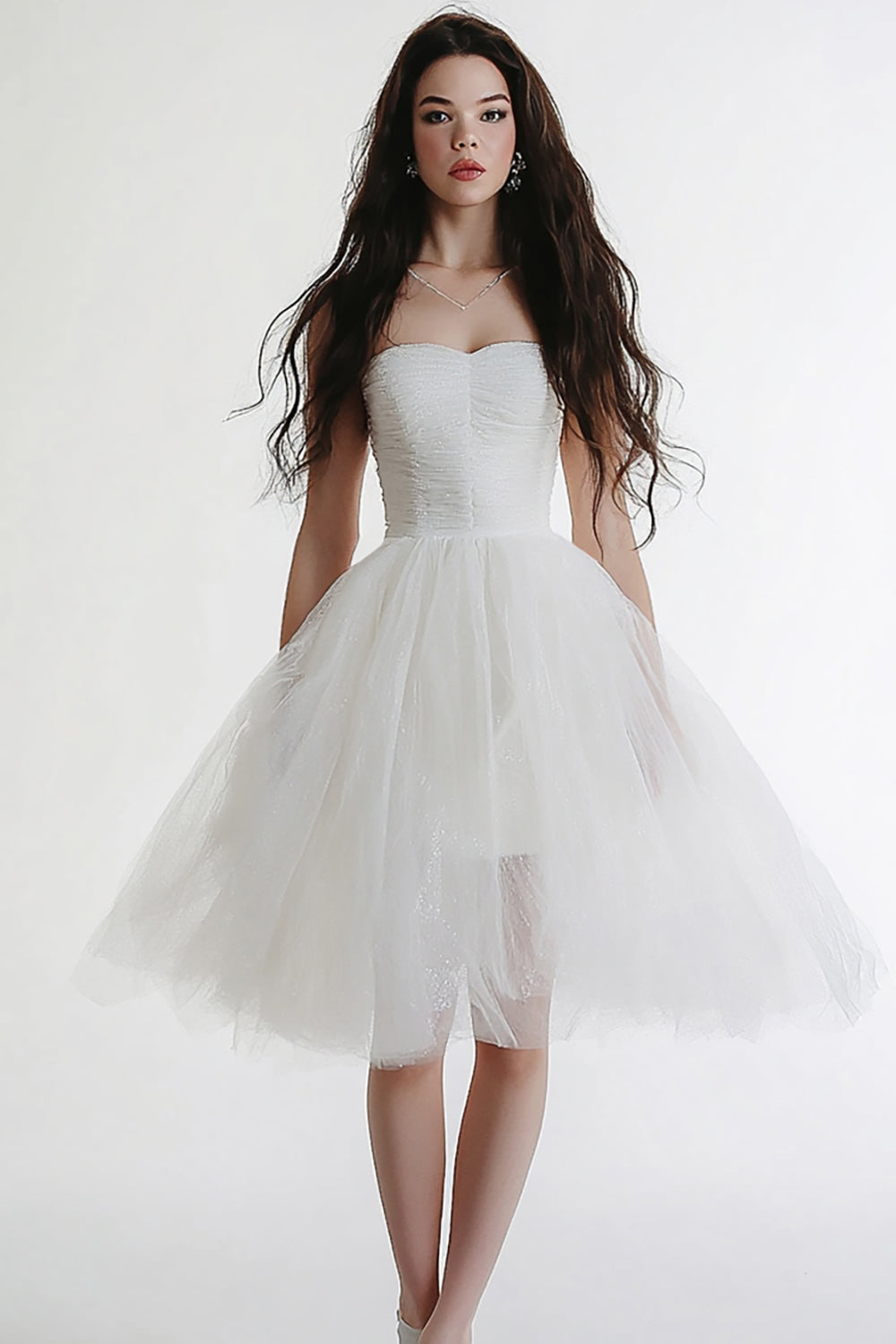 White Tulle Strapless Midi A Line Graduation Dress