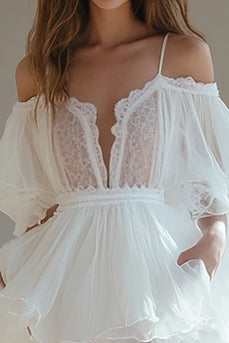 White Cold Shoulder Short Graduation Dress with Ruffles
