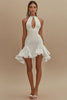 Load image into Gallery viewer, White Satin Short High Neck Graduation Dress with Ruffles