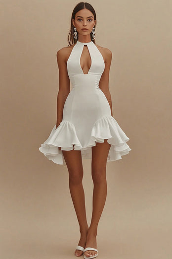 White Satin Short High Neck Graduation Dress with Ruffles