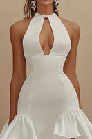 Load image into Gallery viewer, White Satin Short High Neck Graduation Dress with Ruffles