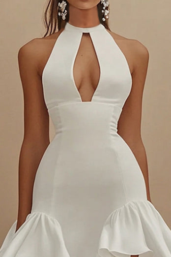 White Satin Short High Neck Graduation Dress with Ruffles