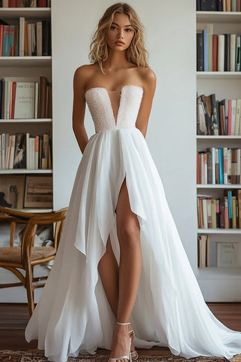White V Neck High-Low A Line Engagement Dress with Beading