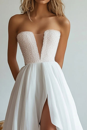 White V Neck High-Low A Line Engagement Dress with Beading