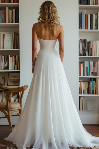 White V Neck High-Low A Line Engagement Dress with Beading