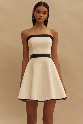 Ivory and Black Satin Strapless Short A Line Graduation Dress