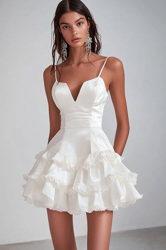 White Satin Spaghetti Straps Short Graduation Dress with Ruffles