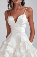 Load image into Gallery viewer, White Satin Spaghetti Straps Short Graduation Dress with Ruffles