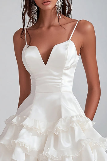White Satin Spaghetti Straps Short Graduation Dress with Ruffles