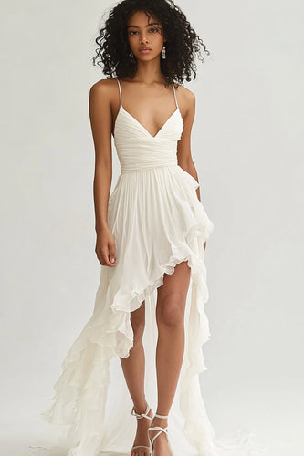 Ivory Chiffon V Neck Pleated Graduation Dress with Ruffles