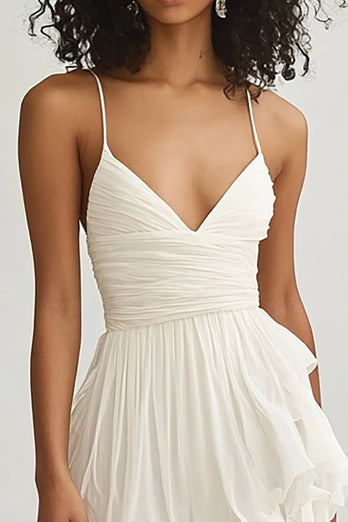 Ivory Chiffon V Neck Pleated Graduation Dress with Ruffles