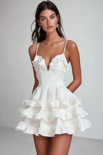 White Satin V Neck Short Ruched Graduation Dress with Ruffles