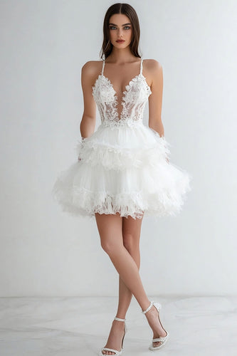 White Tulle V Neck Short A Line Graduation Dress with Lace