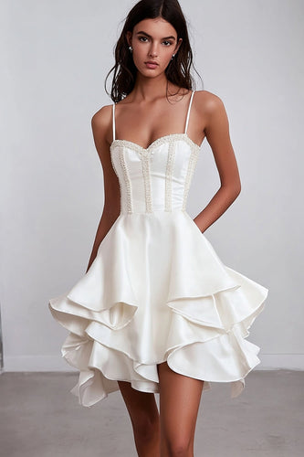 White Spaghetti Straps Short Graduation Dress with Ruffles