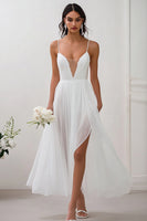 Load image into Gallery viewer, White Chiffon V Neck Long Engagement Dress with Slit