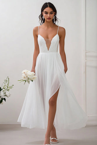 White Chiffon V Neck Long Engagement Dress with Slit