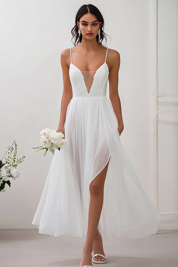 White Chiffon V Neck Long Engagement Dress with Slit